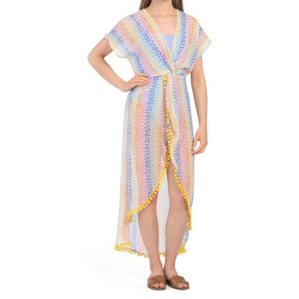 America & Beyond Rainbow Cheetah Maxi Dress Swim Cover-Up with Pom Pom M/L/XL